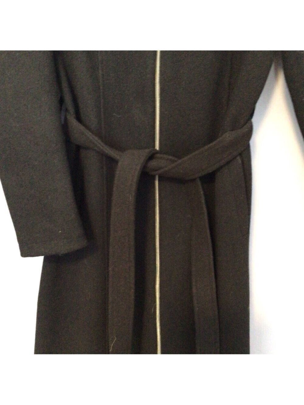 Athwab Black Long Belted Coat Removable Hood Full Zip Sz 40 Fits Like Small - Picture 4 of 11